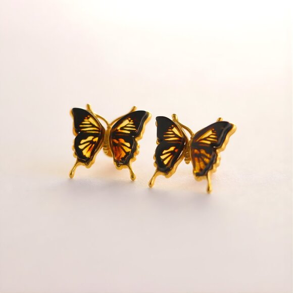 Baltic Amber Butterfly Stud Earrings in 14k Gold Platd Sterling Silver - Picture 3 of 5